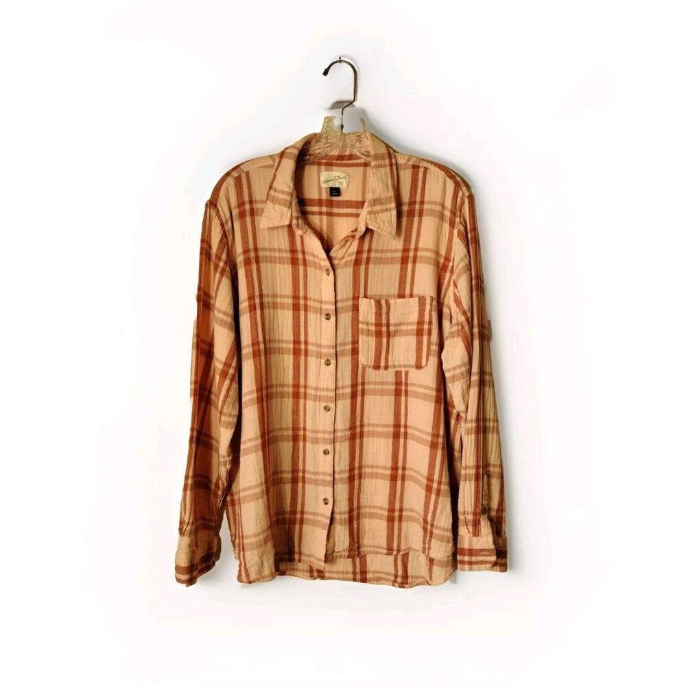 Universal Thread Top XL Plaid Button Up Pocket Long Sleeve Salmon Pink